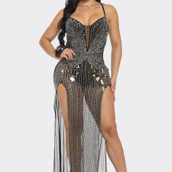 Front Split Mirror Rhinestone Maxi Dress - Picture 5 of 6